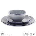 18PCS Dinner Set Solid Grau mit Glasur Schale und Blue Rim